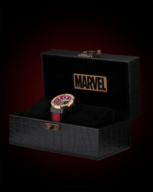 
                  
                    Load image into Gallery viewer, Marvel Iron Man TQ023C-D1 (Black/Gold) with White Crystal (Red Leather with Silicone Strap)
                  
                