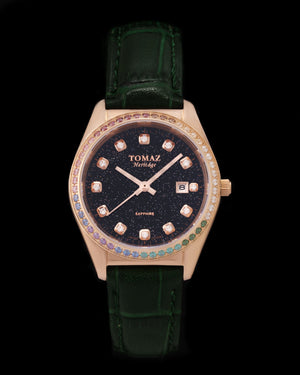 
                  
                    Load image into Gallery viewer, Tomaz Ladies Watch TQ017L-D12 Stardust (Rose Gold/Black) with Rainbow Swarovski (Green Bamboo Leather Strap)
                  
                