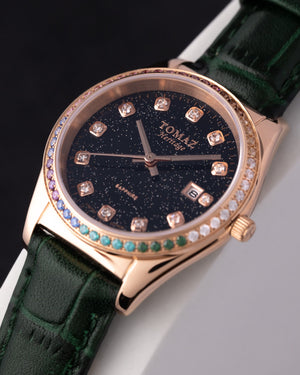 
                  
                    Load image into Gallery viewer, Tomaz Ladies Watch TQ017L-D12 Stardust (Rose Gold/Black) with Rainbow Swarovski (Green Bamboo Leather Strap)
                  
                