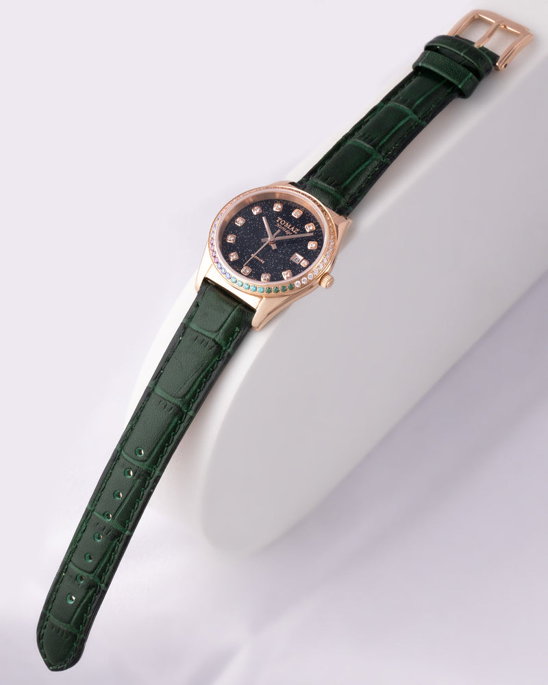 
                  
                    Load image into Gallery viewer, Tomaz Ladies Watch TQ017L-D12 Stardust (Rose Gold/Black) with Rainbow Swarovski (Green Bamboo Leather Strap)
                  
                