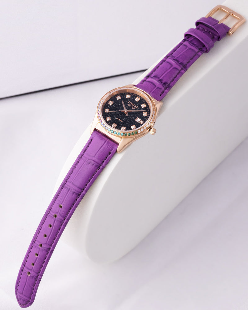 
                  
                    Load image into Gallery viewer, Tomaz Ladies Watch TQ017L-D13 Stardust (Rose Gold/Black) with Rainbow Swarovski (Purple Bamboo Leather Strap)
                  
                