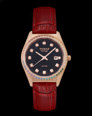 
                  
                    Load image into Gallery viewer, Tomaz Ladies Watch TQ017L-D14 Stardust (Rose Gold/Black) with Rainbow Swarovski (Red Bamboo Leather Strap)
                  
                