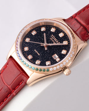 
                  
                    Load image into Gallery viewer, Tomaz Ladies Watch TQ017L-D14 Stardust (Rose Gold/Black) with Rainbow Swarovski (Red Bamboo Leather Strap)
                  
                