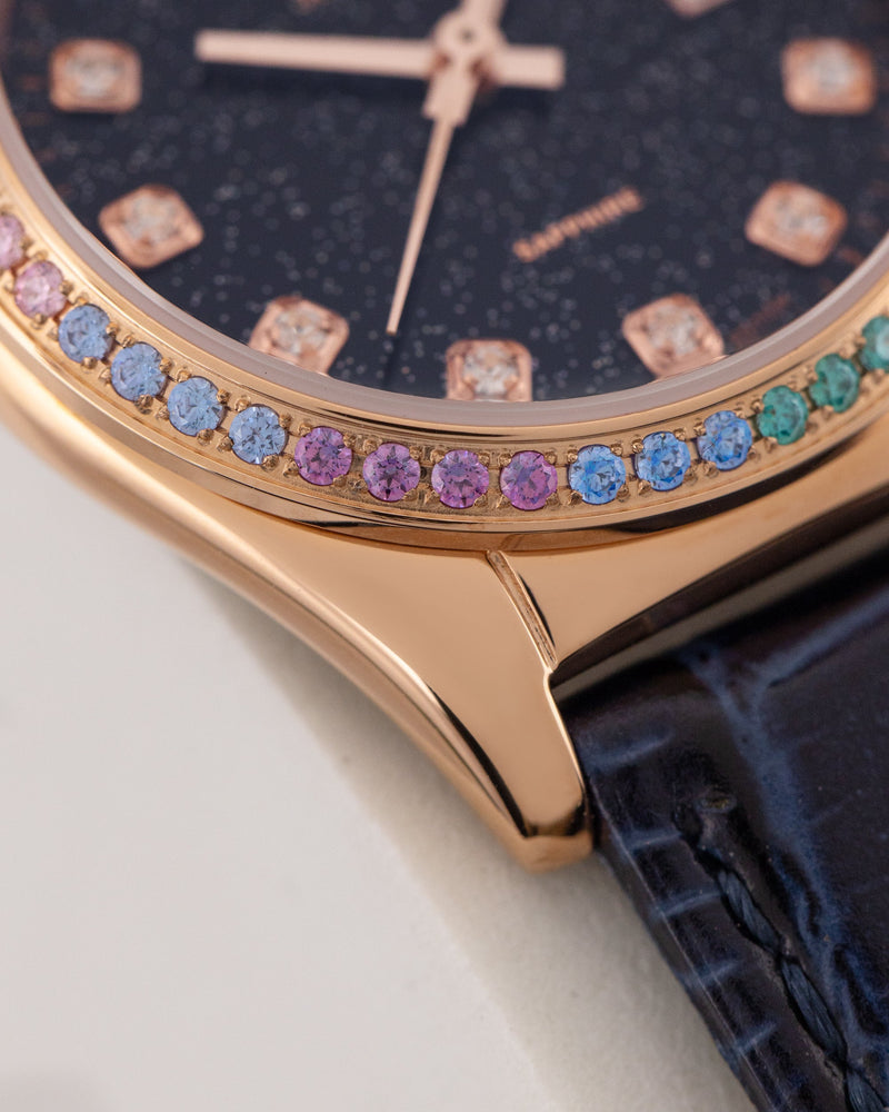 
                  
                    Load image into Gallery viewer, Tomaz Ladies Watch TQ017L-D15 Stardust (Rose Gold/Black) with Rainbow Swarovski (Navy Bamboo Leather Strap)
                  
                