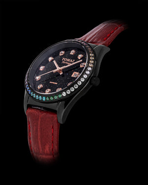 
                  
                    Load image into Gallery viewer, Tomaz Ladies Watch TQ017L-D16 Stardust (Black) with Rainbow Swarovski (Red Bamboo Leather Strap)
                  
                