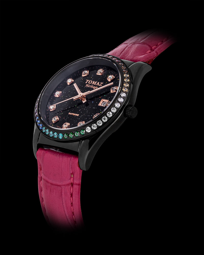 
                  
                    Load image into Gallery viewer, Tomaz Ladies Watch TQ017L-D17 Stardust (Black) with Rainbow Swarovski (Pink Bamboo Leather Strap)
                  
                