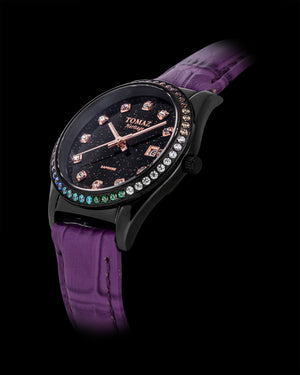 
                  
                    Load image into Gallery viewer, Tomaz Ladies Watch TQ017L-D18 Stardust (Black) with Rainbow Swarovski (Purple Bamboo Leather Strap)
                  
                