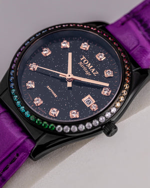 
                  
                    Load image into Gallery viewer, Tomaz Ladies Watch TQ017L-D18 Stardust (Black) with Rainbow Swarovski (Purple Bamboo Leather Strap)
                  
                