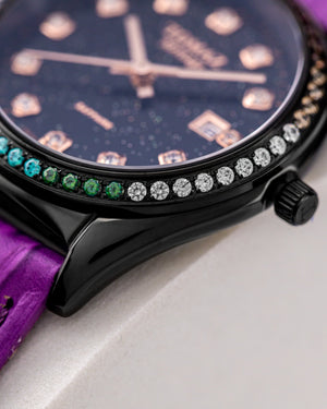 
                  
                    Load image into Gallery viewer, Tomaz Ladies Watch TQ017L-D18 Stardust (Black) with Rainbow Swarovski (Purple Bamboo Leather Strap)
                  
                