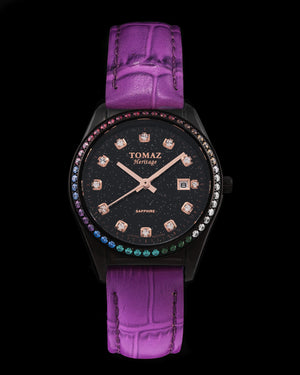 
                  
                    Load image into Gallery viewer, Tomaz Ladies Watch TQ017L-D18 Stardust (Black) with Rainbow Swarovski (Purple Bamboo Leather Strap)
                  
                