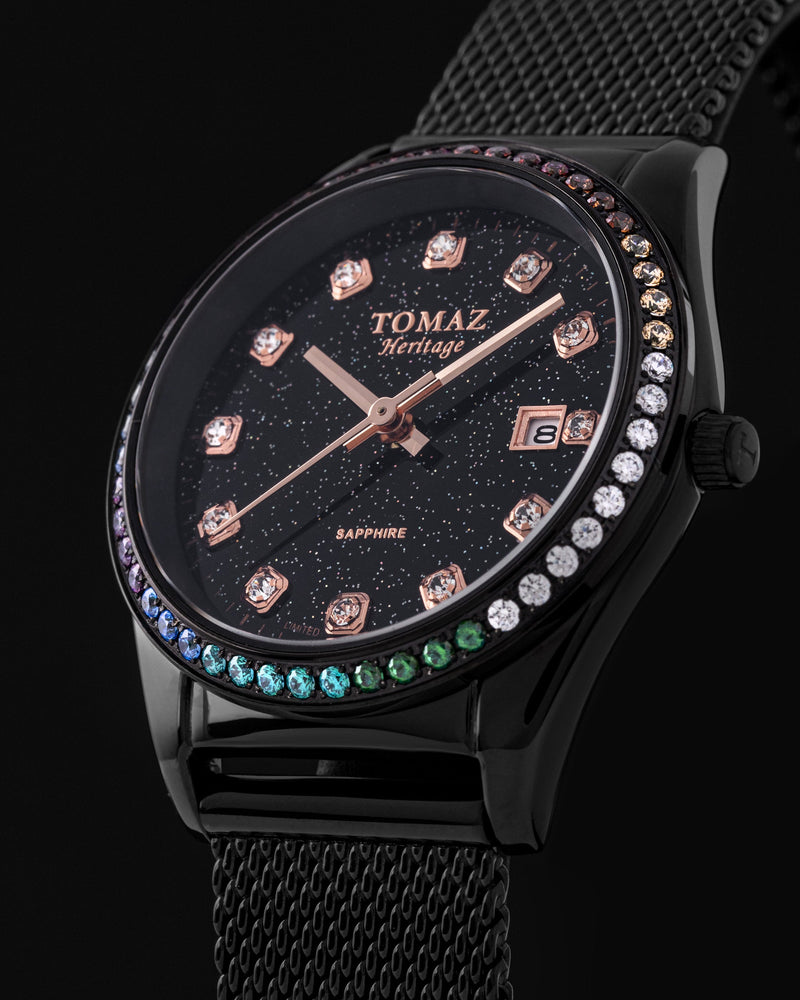 
                  
                    Load image into Gallery viewer, Tomaz Ladies Watch TQ017L-D19 Stardust (Black) with Rainbow Swarovski (Black Mesh Strap)
                  
                