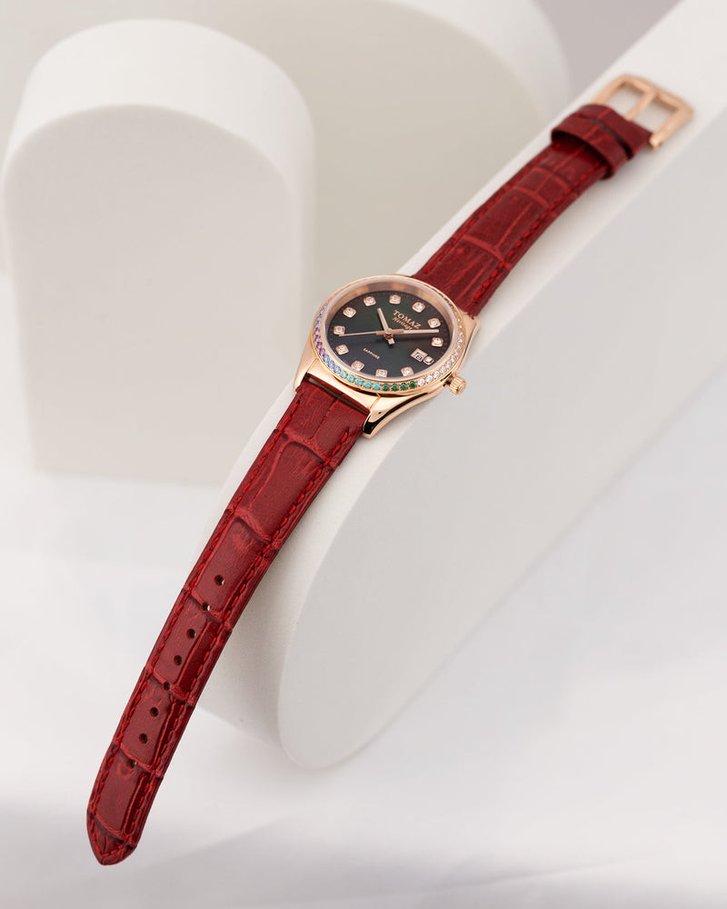 
                  
                    Load image into Gallery viewer, Tomaz Ladies Watch TQ017L-D22 Pearl (Rose Gold/Black) with Rainbow Swarovski (Red Bamboo Leather Strap)
                  
                