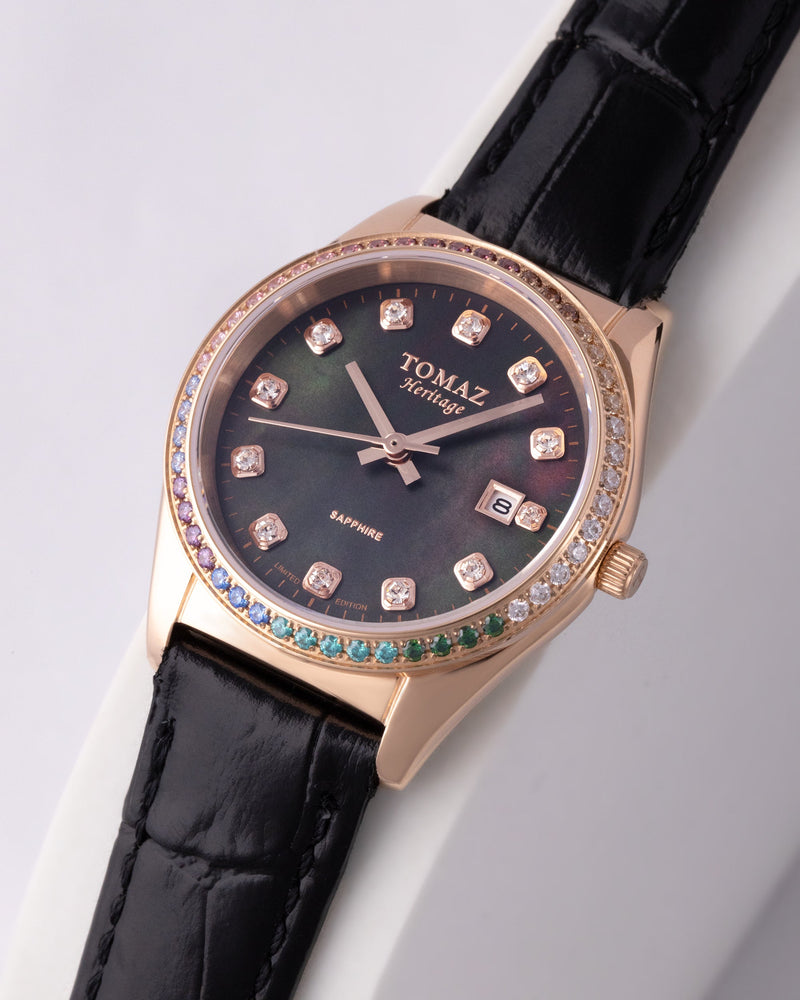 
                  
                    Load image into Gallery viewer, Tomaz Ladies Watch TQ017L-D23 Pearl (Rose Gold/Black) with Rainbow Swarovski (Black Bamboo Leather Strap)
                  
                