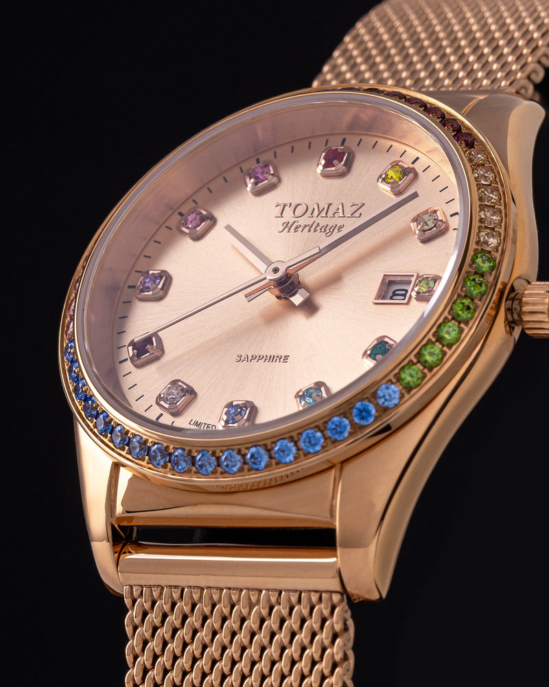 
                  
                    Load image into Gallery viewer, Tomaz Ladies Watch TQ017L-D32 (Rosegold) with Rainbow Swarovski  (Rosegold Mesh Strap)
                  
                