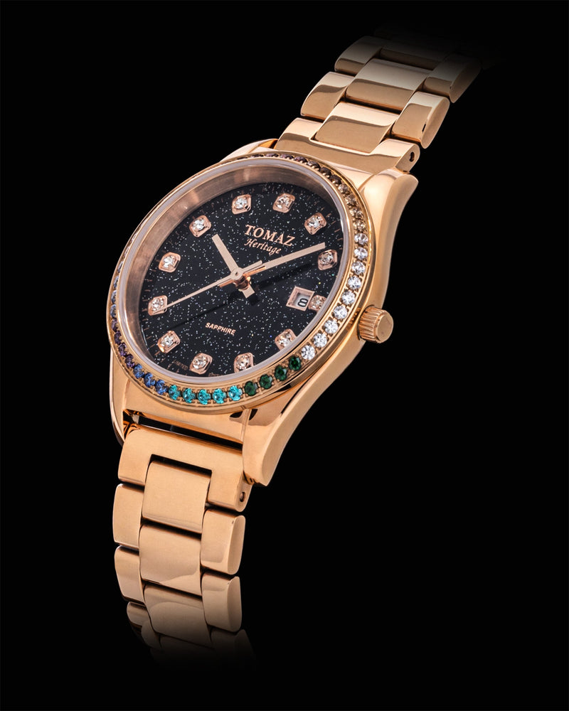 
                  
                    Load image into Gallery viewer, Tomaz Ladies Watch TQ017L-D7 Stardust (Rose Gold/Black) with Rainbow Swarovski (Rosegold Stainless Steel)
                  
                