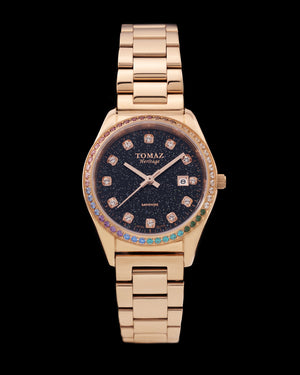 
                  
                    Load image into Gallery viewer, Tomaz Ladies Watch TQ017L-D7 Stardust (Rose Gold/Black) with Rainbow Swarovski (Rosegold Stainless Steel)
                  
                