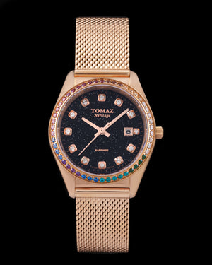 
                  
                    Load image into Gallery viewer, Tomaz Ladies Watch TQ017L-D8 Stardust (Rosegold/Black) with Rainbow Swarovski (Rosegold Mesh Strap)
                  
                