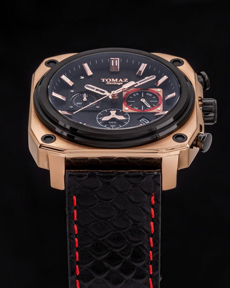 
                  
                    Load image into Gallery viewer, Jezper TQ021A-D4 (Rosegold/Black/Red) Black Salmon Leather Strap
                  
                