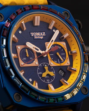 
                  
                    Load image into Gallery viewer, Jezper TQ021B-D10 (Blue) with Rainbow Swarovski (Yellow Salmon Leather Strap)
                  
                