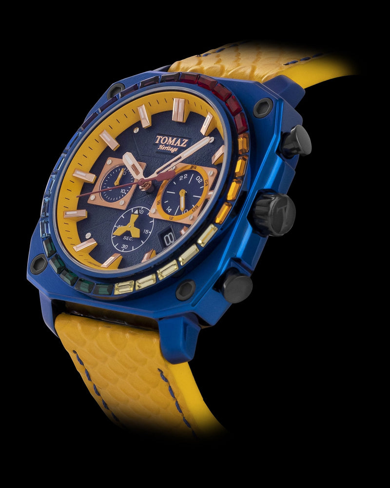 
                  
                    Load image into Gallery viewer, Jezper TQ021B-D10 (Blue) with Rainbow Swarovski (Yellow Salmon Leather Strap)
                  
                