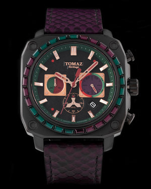 
                  
                    Load image into Gallery viewer, Jezper TQ021B-D11 (Black) with Purple Green Swarovski (Purple Salmon Leather Strap)
                  
                