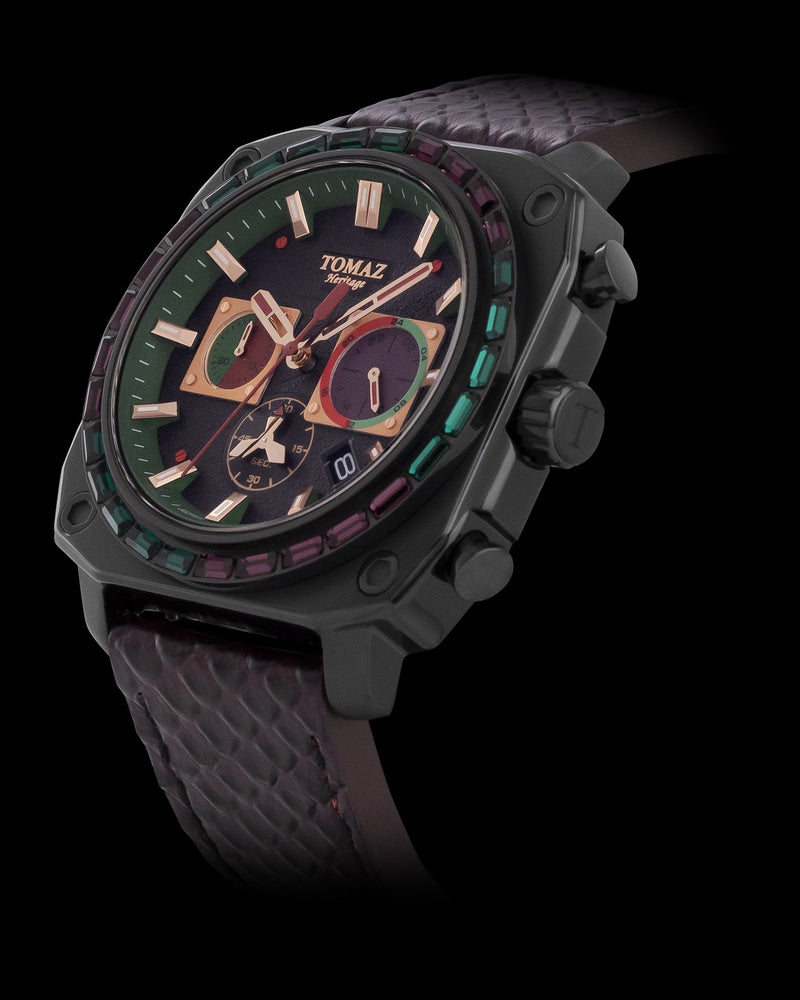 
                  
                    Load image into Gallery viewer, Jezper TQ021B-D11 (Black) with Purple Green Swarovski (Purple Salmon Leather Strap)
                  
                