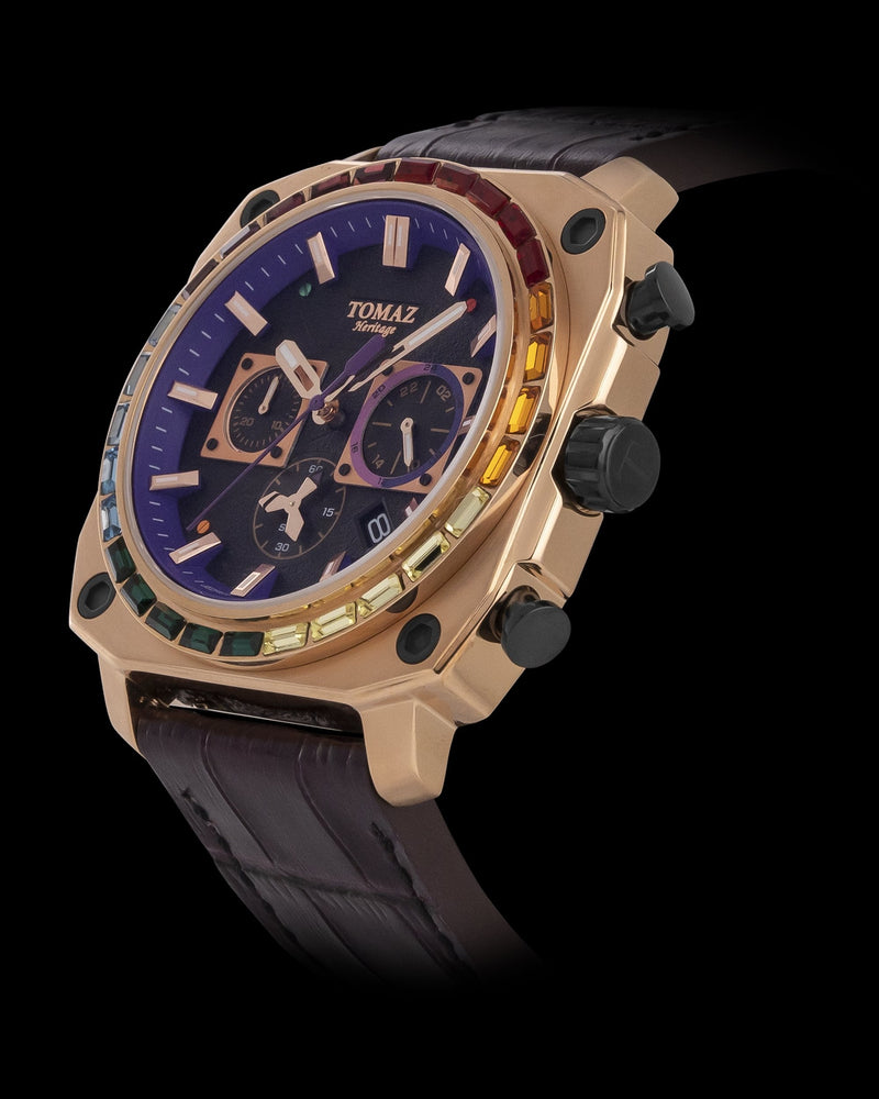 
                  
                    Load image into Gallery viewer, Jezper TQ021B-D12 (Rosegold) with Rainbow Swarovski (Purple Bamboo Leather Strap)
                  
                