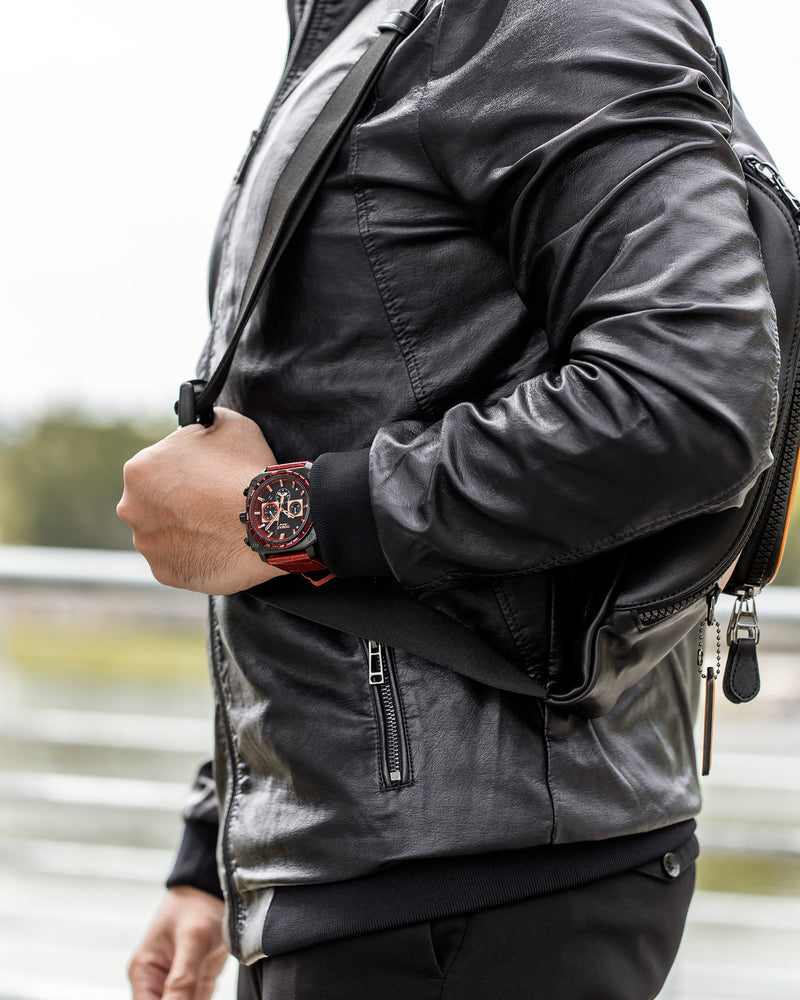 
                  
                    Load image into Gallery viewer, Jezper TQ021B-D1 (Black) with Red Swarovski (Red Bamboo Leather Strap)
                  
                