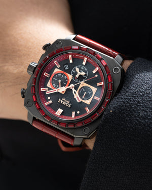 
                  
                    Load image into Gallery viewer, Jezper TQ021B-D1 (Black) with Red Swarovski (Red Bamboo Leather Strap)
                  
                