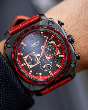 
                  
                    Load image into Gallery viewer, Jezper TQ021B-D1 (Black) with Red Swarovski (Red Bamboo Leather Strap)
                  
                