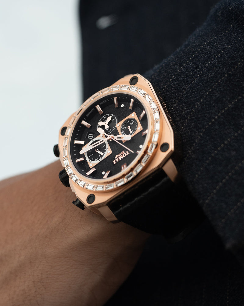 
                  
                    Load image into Gallery viewer, Jezper TQ021B-D3 (Rosegold) with White Swarovski (Black Salmon Leather Strap)
                  
                