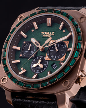 
                  
                    Load image into Gallery viewer, Jezper TQ021B-D4 (Coffee) with Green Swarovski (Black Salmon Leather Strap)
                  
                