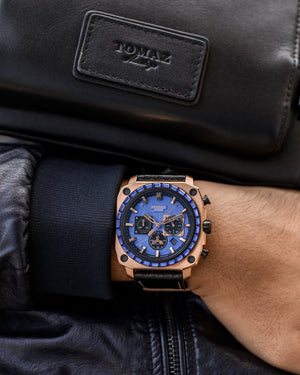 
                  
                    Load image into Gallery viewer, Jezper TQ021B-D6 (Rosegold/Blue) with Blue Swarovski (Black Salmon Leather Strap)
                  
                