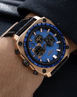 
                  
                    Load image into Gallery viewer, Jezper TQ021B-D6 (Rosegold/Blue) with Blue Swarovski (Black Salmon Leather Strap)
                  
                