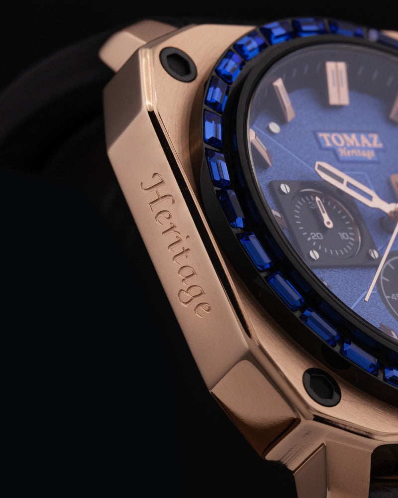 
                  
                    Load image into Gallery viewer, Jezper TQ021B-D6 (Rosegold/Blue) with Blue Swarovski (Black Salmon Leather Strap)
                  
                