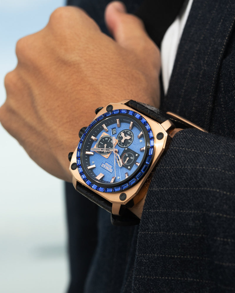 
                  
                    Load image into Gallery viewer, Jezper TQ021B-D6 (Rosegold/Blue) with Blue Swarovski (Black Salmon Leather Strap)
                  
                