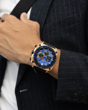 
                  
                    Load image into Gallery viewer, Jezper TQ021B-D6 (Rosegold/Blue) with Blue Swarovski (Black Salmon Leather Strap)
                  
                