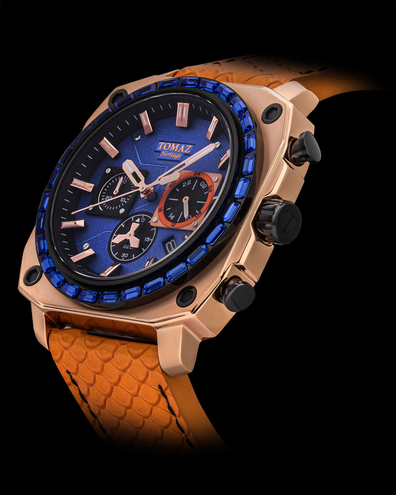 
                  
                    Load image into Gallery viewer, Jezper TQ021B-D7 (Rosegold) with Blue Swarovski (Orange Salmon Leather Strap)
                  
                