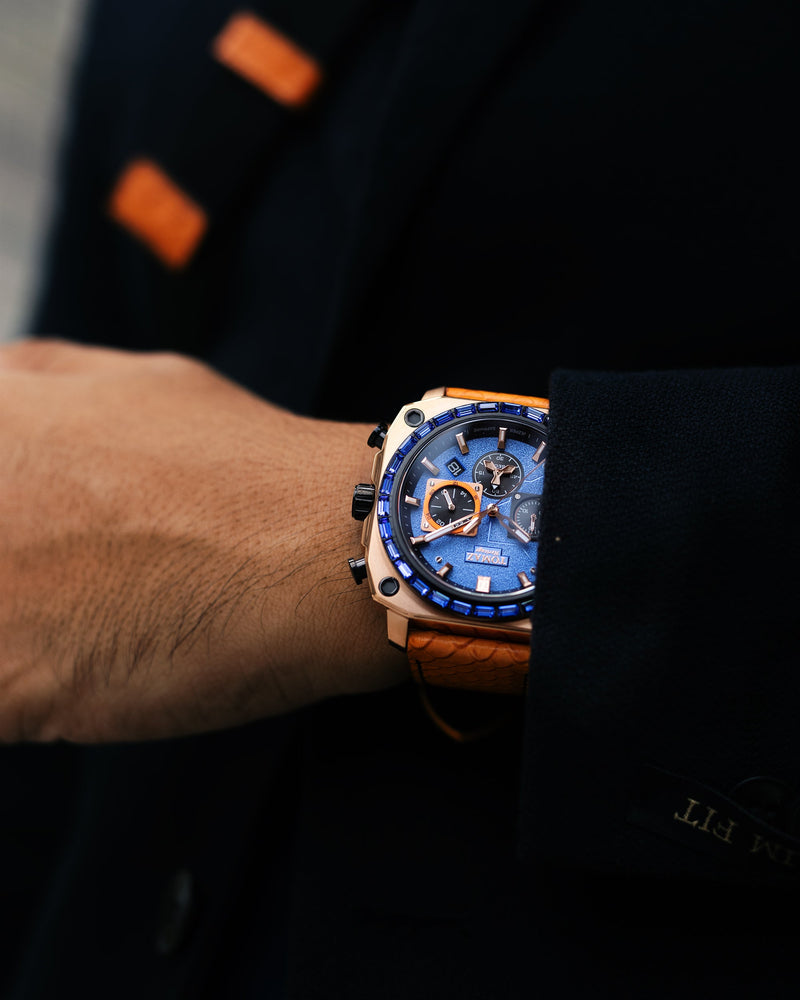 
                  
                    Load image into Gallery viewer, Jezper TQ021B-D7 (Rosegold) with Blue Swarovski (Orange Salmon Leather Strap)
                  
                