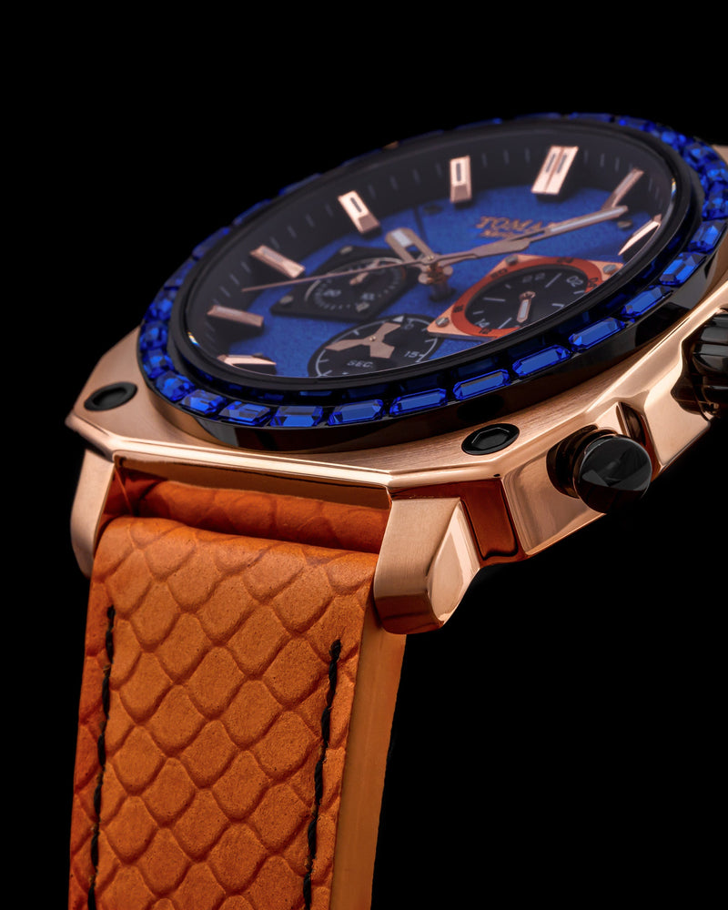 
                  
                    Load image into Gallery viewer, Jezper TQ021B-D7 (Rosegold) with Blue Swarovski (Orange Salmon Leather Strap)
                  
                