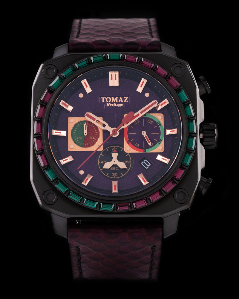 
                  
                    Load image into Gallery viewer, Jezper TQ021B-D9 (Black/Purple) with Purple Green Swarovski (Purple Salmon Leather Strap)
                  
                