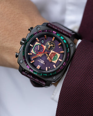 
                  
                    Load image into Gallery viewer, Jezper TQ021B-D9 (Black/Purple) with Purple Green Swarovski (Purple Salmon Leather Strap)
                  
                