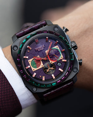 
                  
                    Load image into Gallery viewer, Jezper TQ021B-D9 (Black/Purple) with Purple Green Swarovski (Purple Salmon Leather Strap)
                  
                