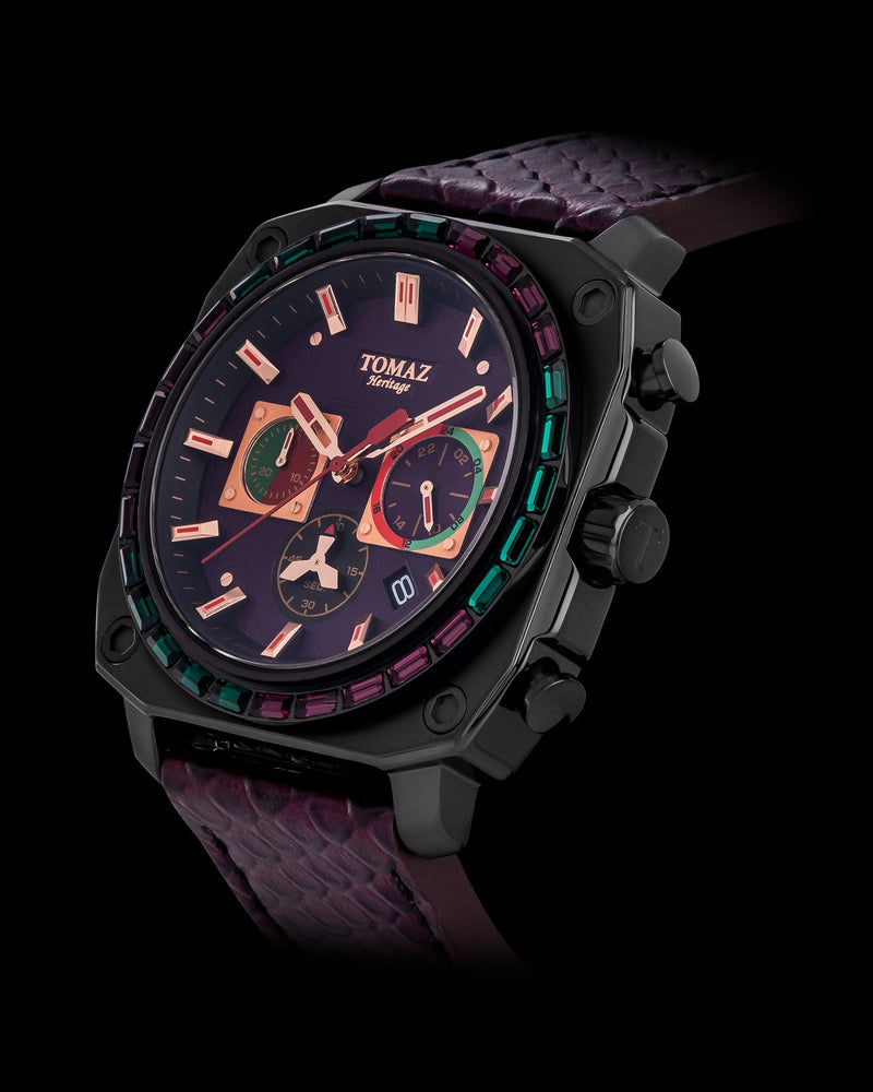 
                  
                    Load image into Gallery viewer, Jezper TQ021B-D9 (Black/Purple) with Purple Green Swarovski (Purple Salmon Leather Strap)
                  
                