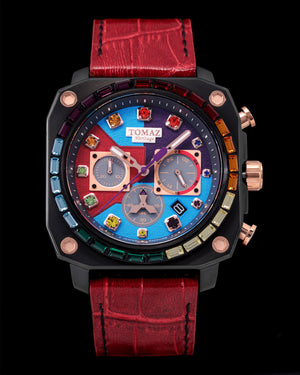 
                  
                    Load image into Gallery viewer, Jezper Iron Men Gauntlet TQ021C-D2 (Black) with Rainbow Swarovski (Red Leather Strap))
                  
                