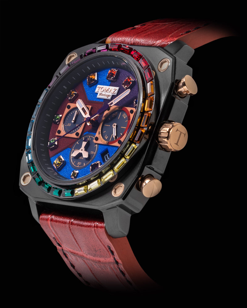 
                  
                    Load image into Gallery viewer, Jezper Iron Men Gauntlet TQ021C-D2 (Black) with Rainbow Swarovski (Red Leather Strap))
                  
                