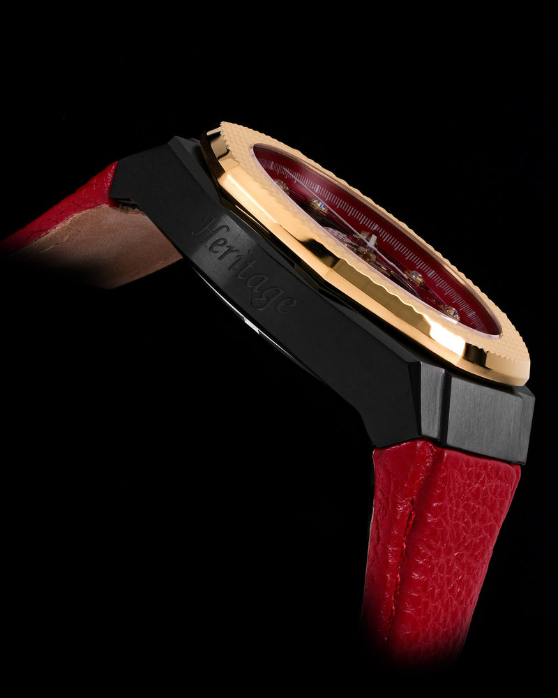 
                  
                    Load image into Gallery viewer, Hexagon TQ023A-D12 (Black/Gold/Red) Red Leather Strap
                  
                