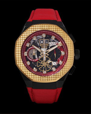 
                  
                    Load image into Gallery viewer, Hexagon TQ023A-D12 (Black/Gold/Red) Red Leather Strap
                  
                