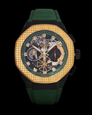 
                  
                    Load image into Gallery viewer, Hexagon TQ023A-D13 (Black/Gold/Green) (Green Leather Strap)
                  
                