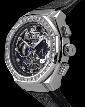 
                  
                    Load image into Gallery viewer, Hexagon TQ023B-D18 (Silver/Black) with White Swarovski Crystal (Black Leather Strap)
                  
                